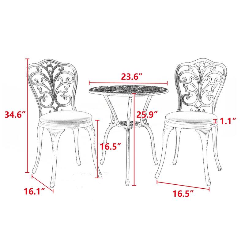 3-Piece Outdoor Aluminum Patio Bistro Set with cushion - Black