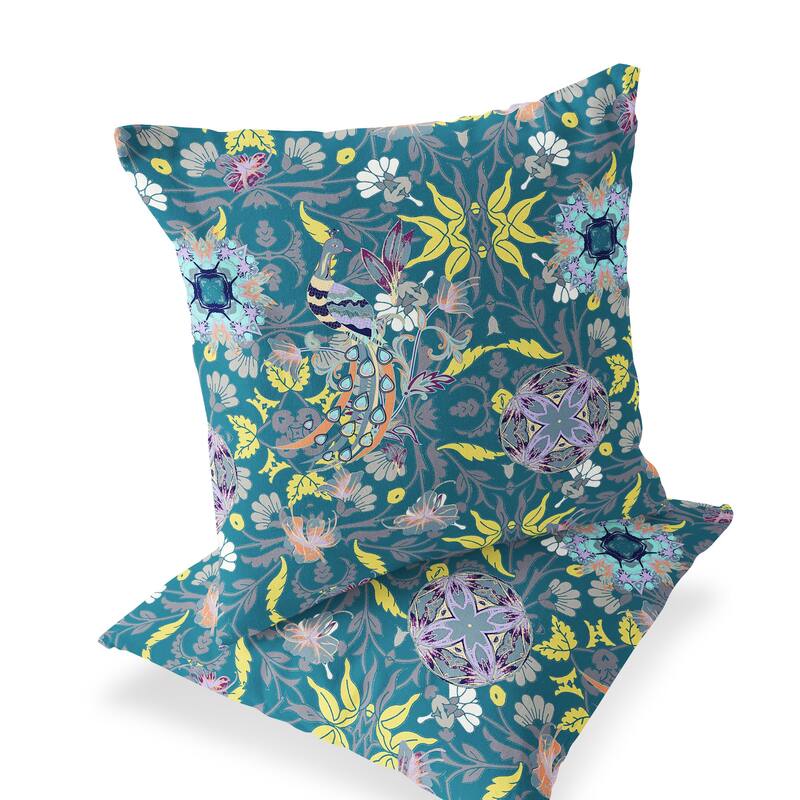 HomeRoots Set of Two 16" X 16" Green and Yellow Peacock Blown Seam Eclectic Indoor Outdoor Throw Pillow