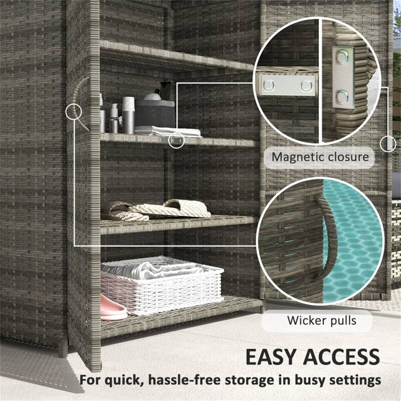 Outdoor Shoe Storage Cabinet with 4 Shelves and Wicker Doors - 33.5" L x 15.7" W x 40.6" H