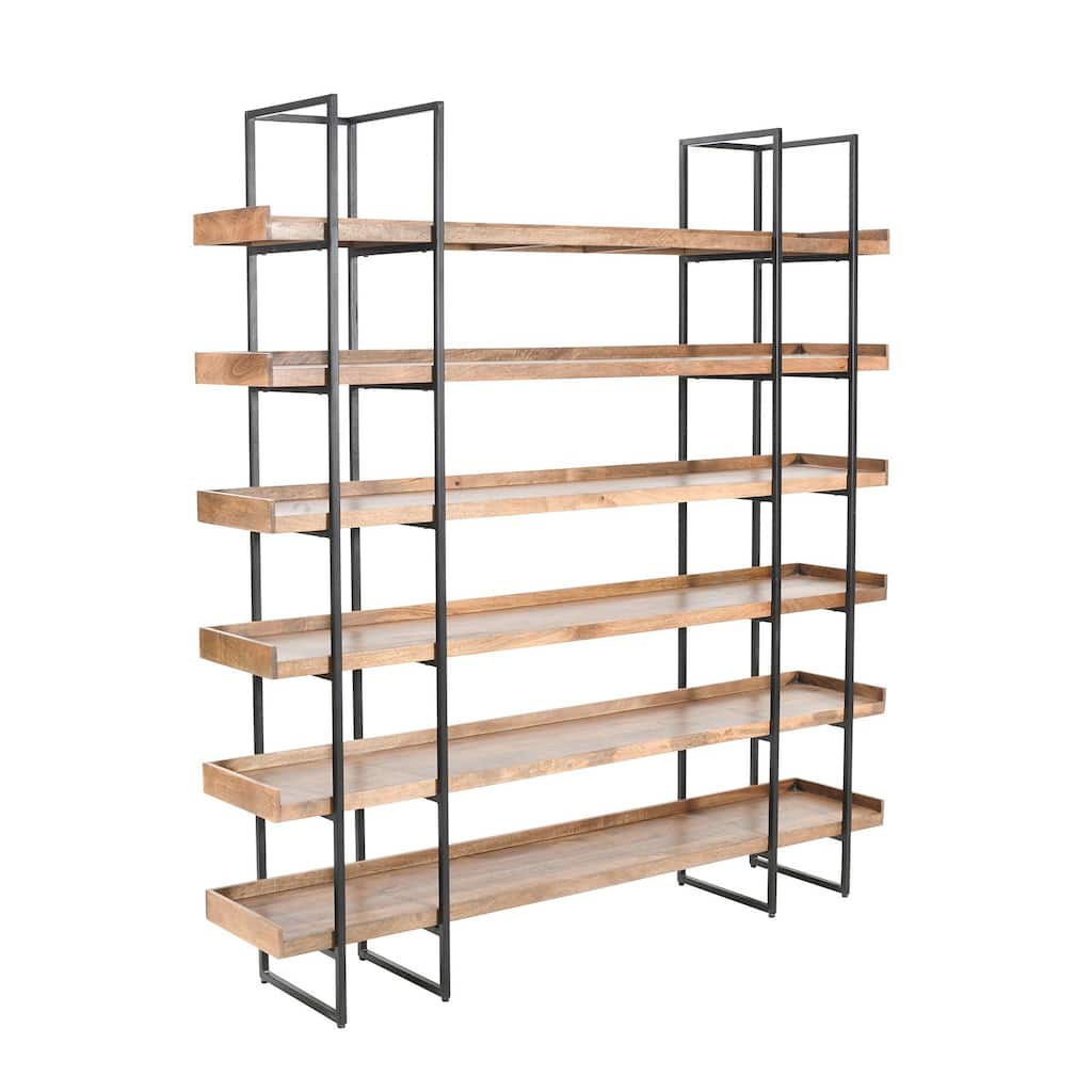 84 in. Brown Solid Wood 6 Shelf Etagere_Bookcase with Black Iron Frame