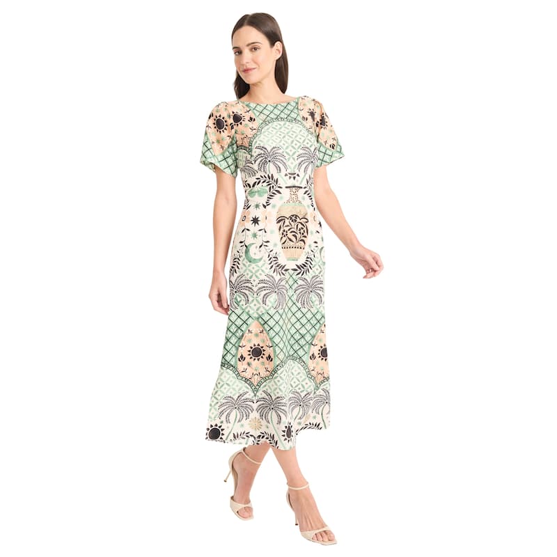 Maggy London Boatneck Short Sleeve Sheath Midi Dress With V Back And Back Zipper - 4 - Cream/Green