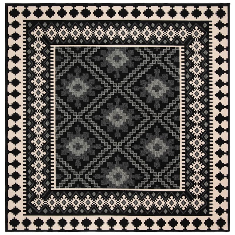 SAFAVIEH Veranda Eyvor Indoor/ Outdoor Waterproof Patio Backyard Rug - 6'7" Square - Black/Creme