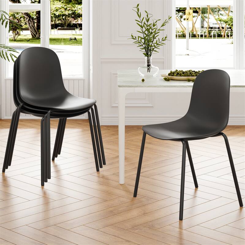 Set of 4 Modern Plastic Stackable Dining Chairs - Black