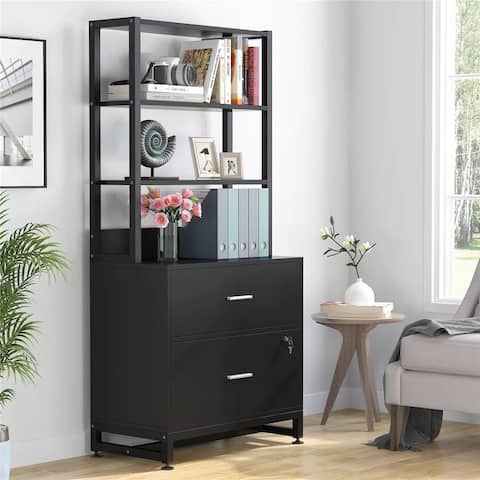 Bookcases with 2 Drawers, File Cabinet with Lock, Multi-Functional Shelf Units for Collection,Filing Cabinet Bookshlves