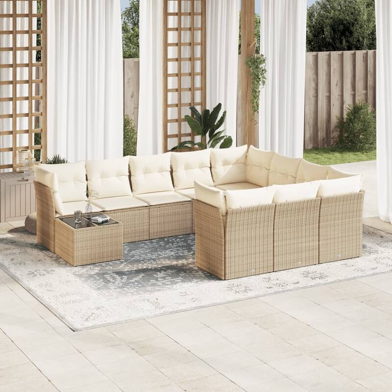 vidaXL Patio Sofa Set with Cushions Outdoor Furniture 11 Piece Poly Rattan - 21.7 x 21.7 x 14.6 - Beige and cream