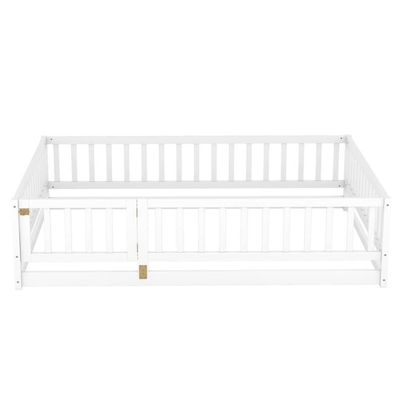 Full Size Montessori Floor Bed with Fence and Door, Kids Wood Bed Frame, Natural Pine Wood Floor Bed