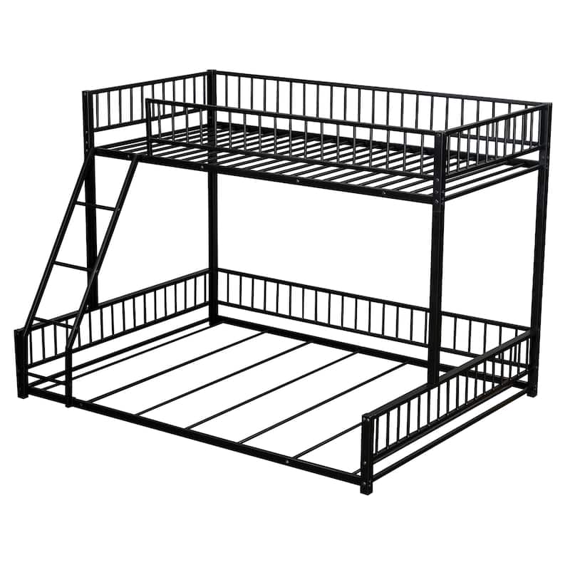 Roomfitters Twin/Full XL over Queen Floor Bunk Bed Frame with Ladder and Safety Guardrails Easy Assembly, Black