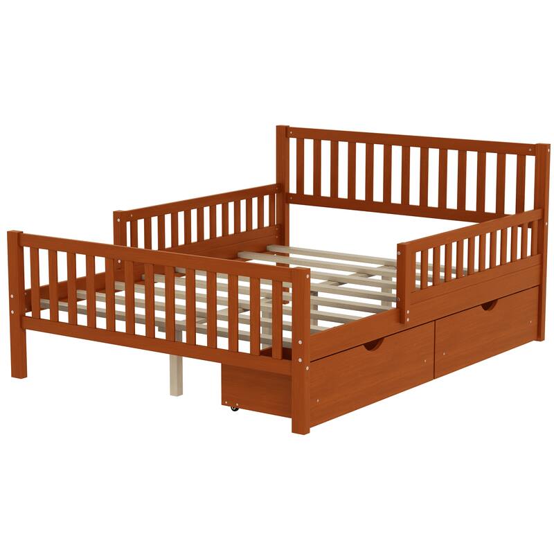 Wooden Platform Bed Underbed Storage Bed with Sides Guardrails Spindle Headboard and 2 Drawers 8.98 inch Storage Underneath