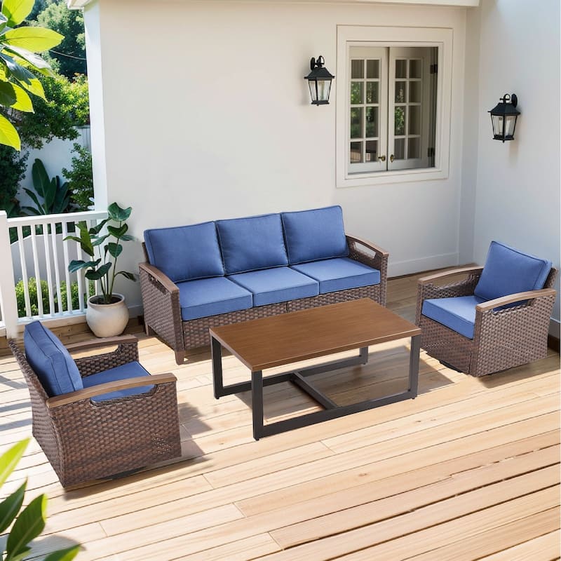 Pocassy Outdoor Brown Wicker Funitre with Cushion Set - Blue Cushion - 3-Seat Sofa with Swivel Chair Table Set