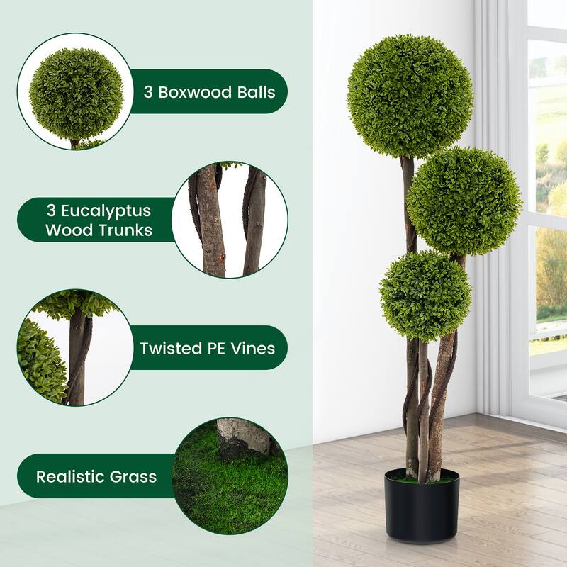 Gymax 4 FT Artificial Boxwood Topiary Ball Tree w/ Triple Ball Faux