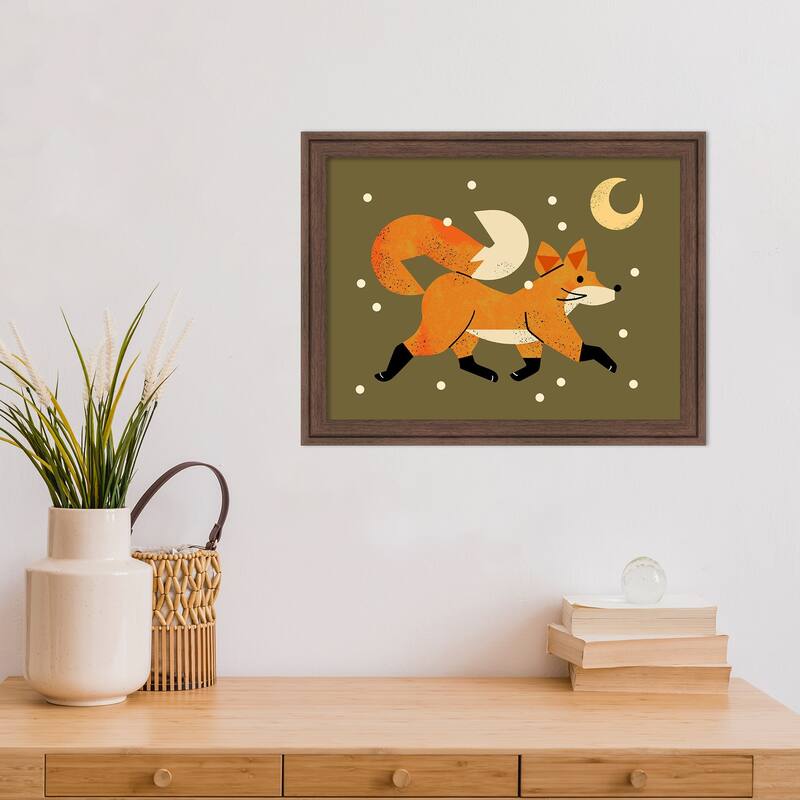 Wandering Winter Fox by Renea l. Thull Wood Framed Wall Art Print - Florence Medium Brown