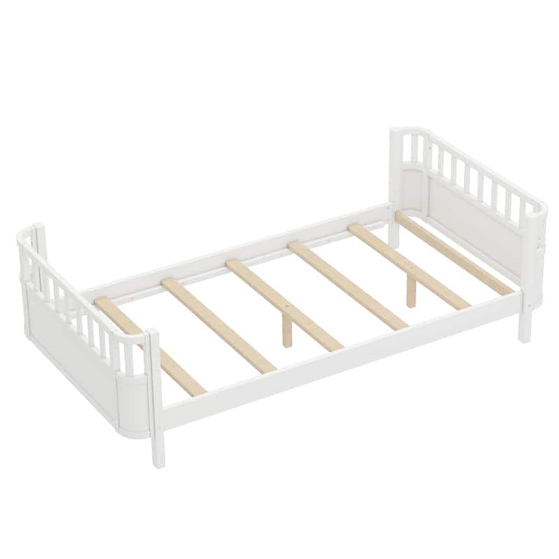 Multi Size Low Platform Bed for Kids with Rounded Corners Guardrails, Detachable Right-side Fence and Open Left-side Design