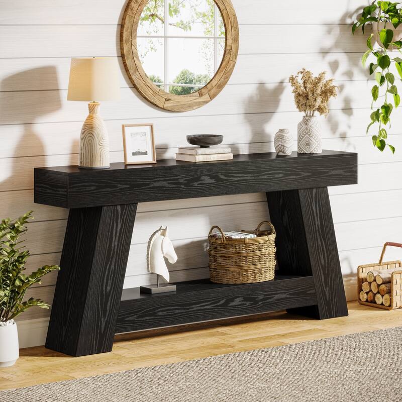 Industrial Wooden 2-Tier Sofa Console Table with Storage for Entryway