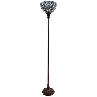 Brown Metal Torchiere Floor Lamp with White Stained Glass Dome Shade - 12” x 12” x 62” (D x W x H)