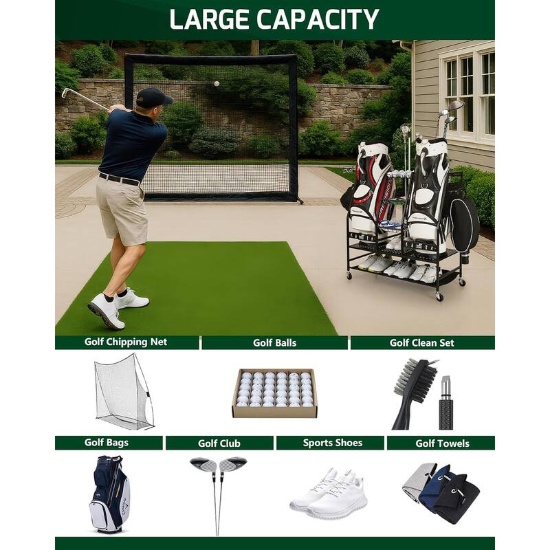 2 Golf Bag Stand Rolling Storage Rack for Clubs Shoes and Accessories