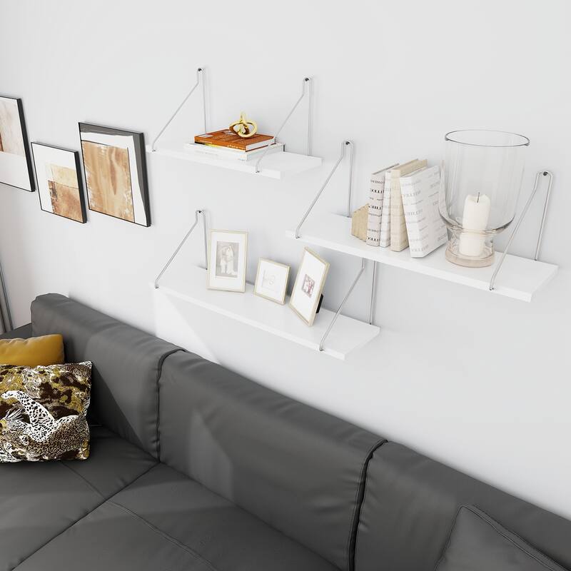 Floating Shelves for Wall with Silver Metal Brackets White for Bedroom Living Room - 23.62 x 5.91 x 5.91 inch