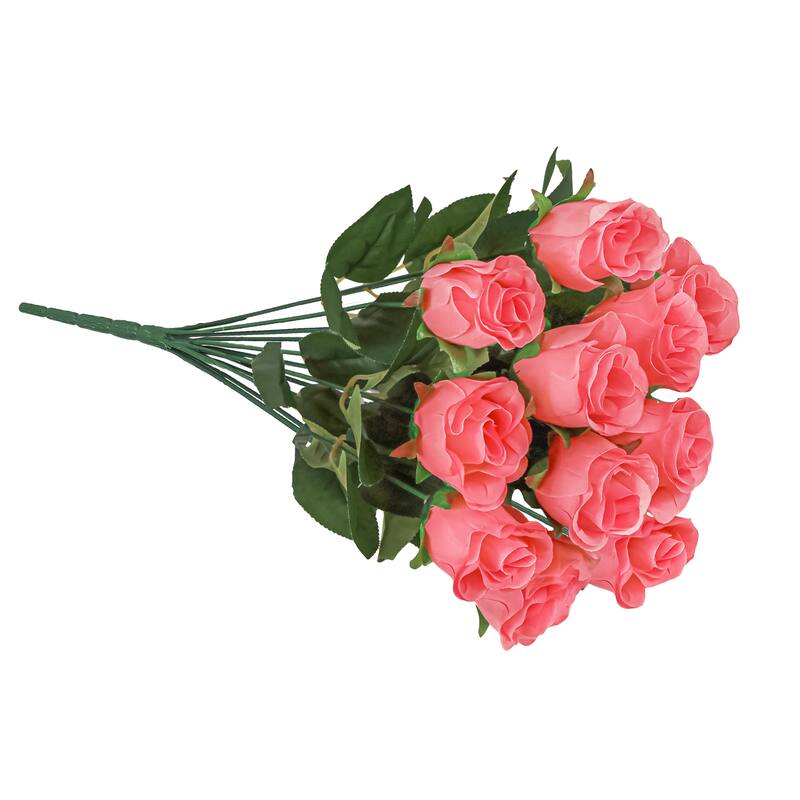 Set of 2 Coral Artificial Rose Bud Flower Stem Bush Bouquet 19.5in - 19.5" L x 12" W x 12" DP