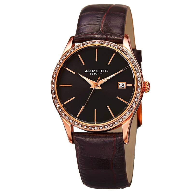 Akribos XXIV Women's Minimalist Dial Crystal Accent Leather Strap Watch - Black / Rose-Tone
