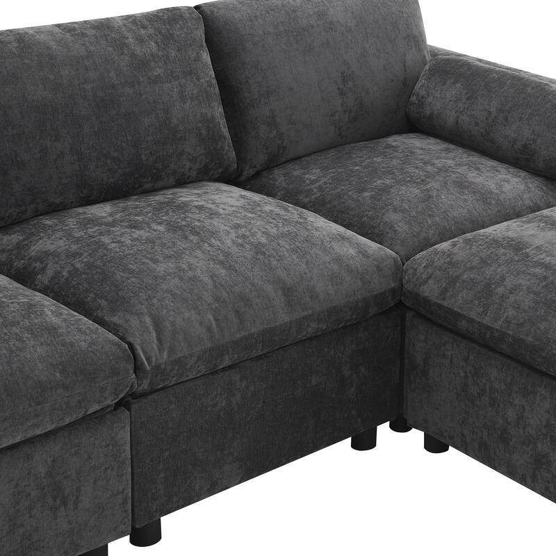 86.5" Chenille Modular Sectional Sofa with Storage Pockets, 5-Seater U-Shaped Couch Set amd 2 Movable Ottomans