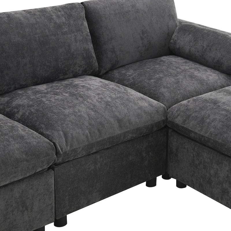 Roomfitters 86.5" Chenille Modular Sectional Sofa, Storage Pockets, 5 Seat U-Shaped Couch with Pillows & 2 Ottomans