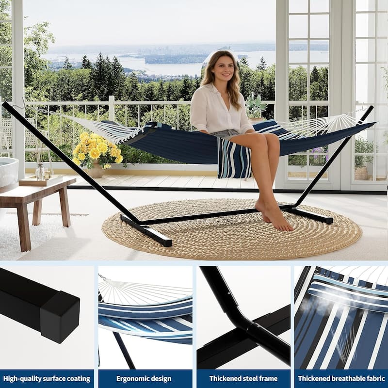 Portable Double Hammock with Stand for Outdoor Patio, Garden, Beach, Backyard, Max 450 Lbs Capacity