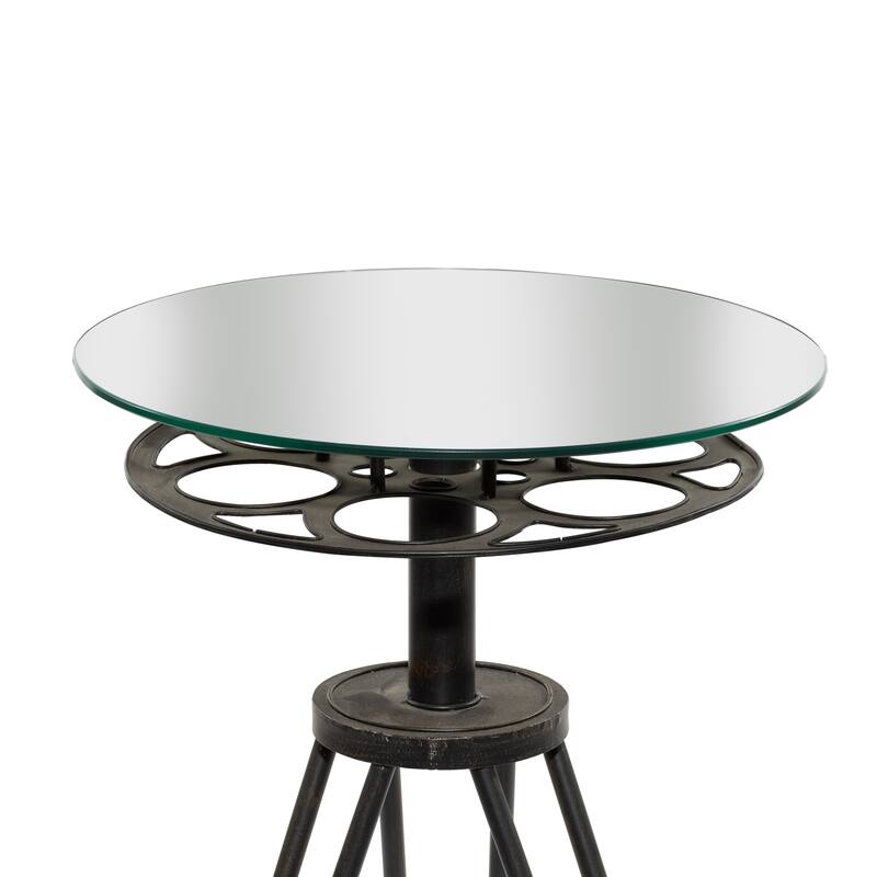 Metal Film Reel Accent Table with Tripod Legs and Glass Top - Black - Roche River Decor - 15"Wx15"Lx25"H
