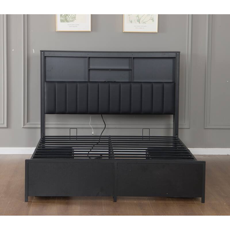 King/Queen Storage Bed with LED Headboard, Charging Station & 4 Drawers