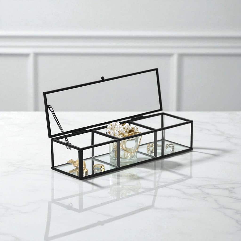 Verena 10.6" Mirrored Glass Display Box with 3 Compartments - N/A