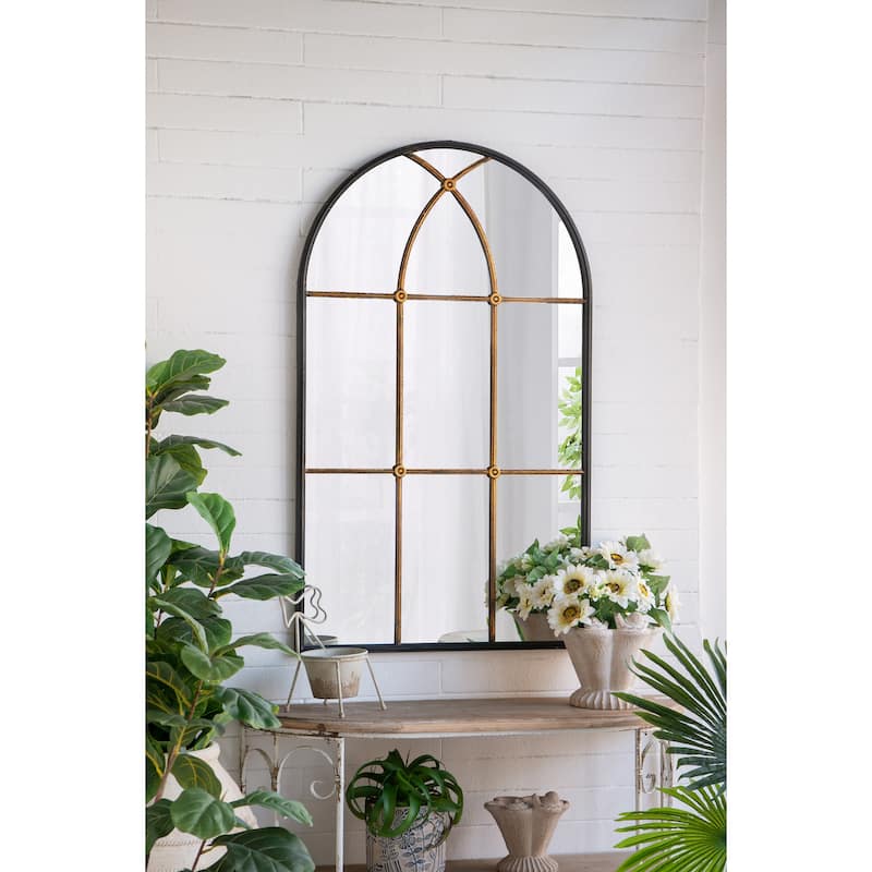 28.3" x 47" Arched Wall Mirror with Black and Gold Windowpane Design