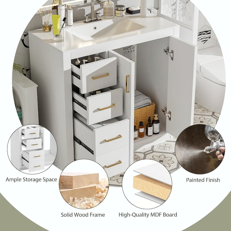 36'' Bathroom Vanity with Ceramic Sink Combo, Solid Wood Frame Bathroom Storage Cabinet