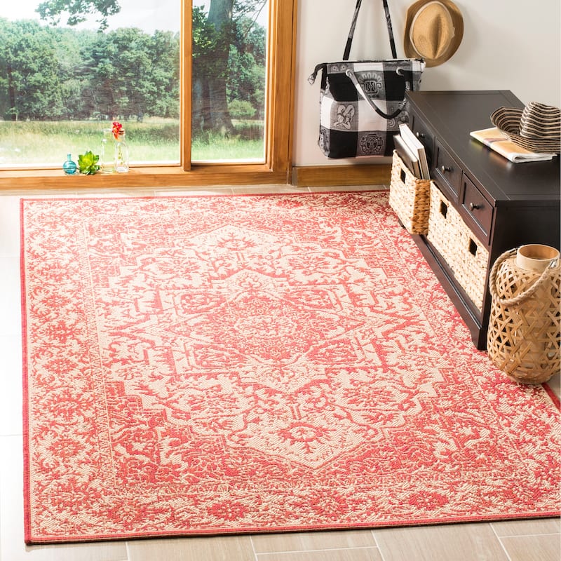 SAFAVIEH Linden Rick Indoor/ Outdoor Waterproof Patio Backyard Rug - 3' x 5' - Red/Cream