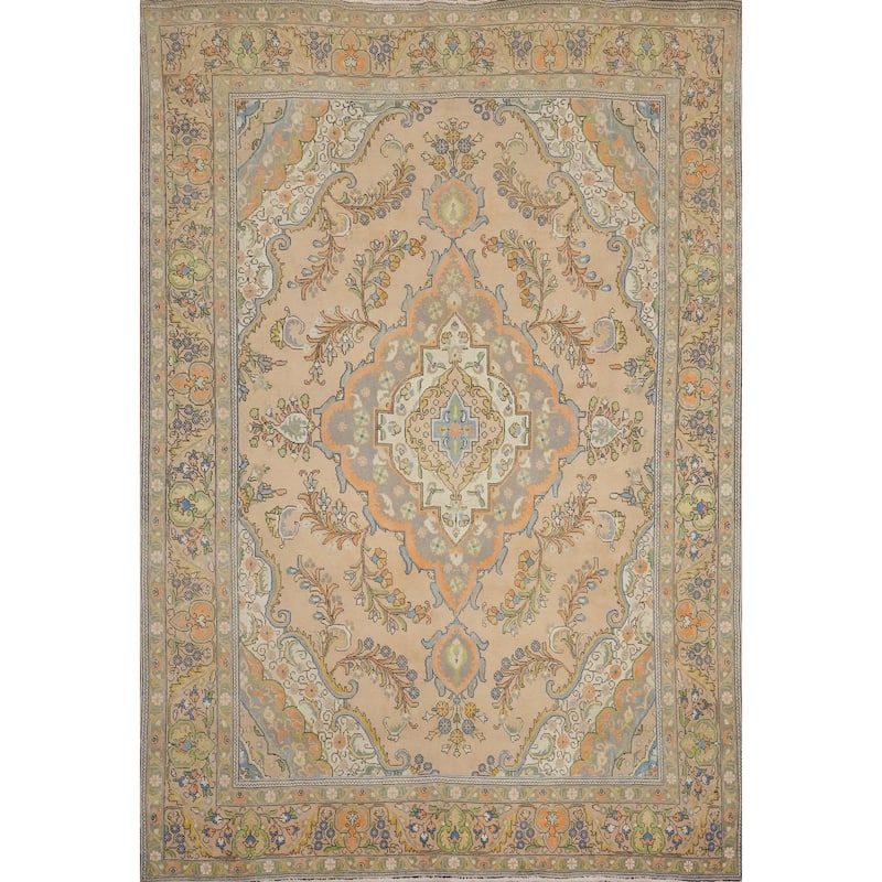 Hand Knotted Oriental 100% Wool Carpet Traditional Floral Peach Tabriz Area Rug - 12' 6'' X 9' 6''