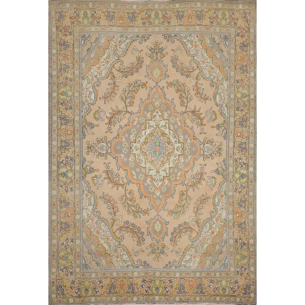 Hand Knotted Oriental 100% Wool Carpet Traditional Floral Peach Tabriz Area Rug - 12' 6'' X 9' 6''