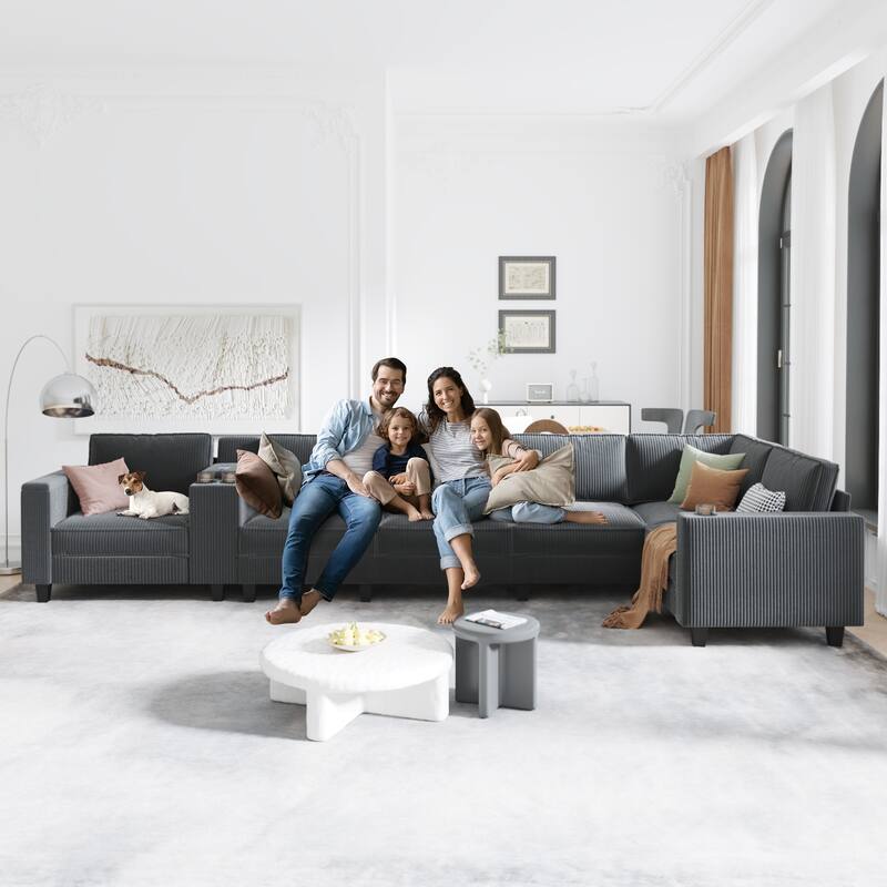 Corduroy L-Shaped Sectional Sofa with USB Charging, Storage & 3 Cup Holders, Reversible Seats