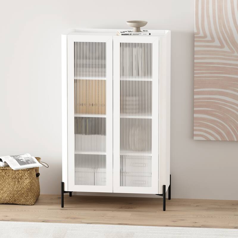Manhattan Comfort Modern Abbey Décor Ribbed Tempered Glass Cabinet with Adjustable Shelves in White - Single - White