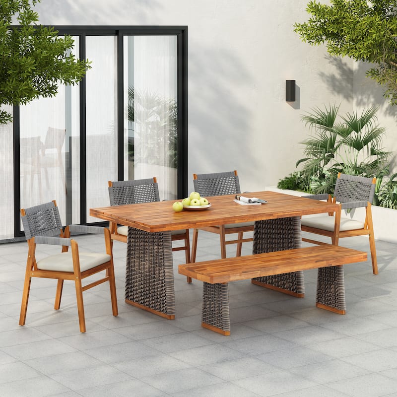 Christopher Knight Home - Tyler Outdoor Acacia Wood Dining Set with Rope Armchairs, Cushions, and Matching Bench - Grey Rope+Grey Wicker+Beige Cushion