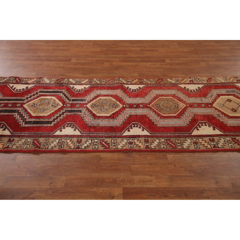 Red Ardebil Persian Runner Rug Handmade Vintage Wool Carpet - 3'0"x 12'0"