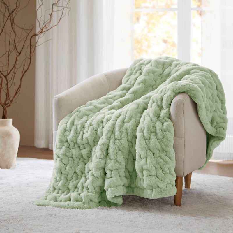 Madison Park Ruched Fur Throw - Sage Green
