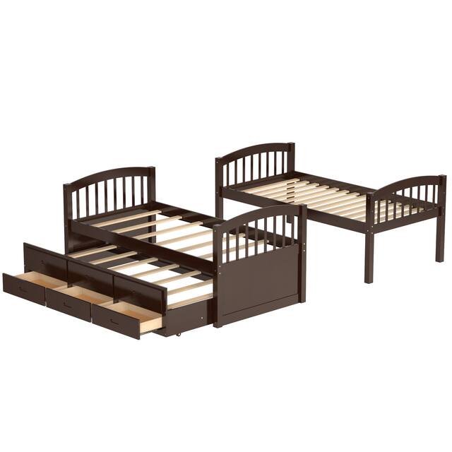 Contemporary Casual Style Twin over Twin Wood Bunk Bed with Trundle and Drawers, with High-quality Solid Wood for Bedroom