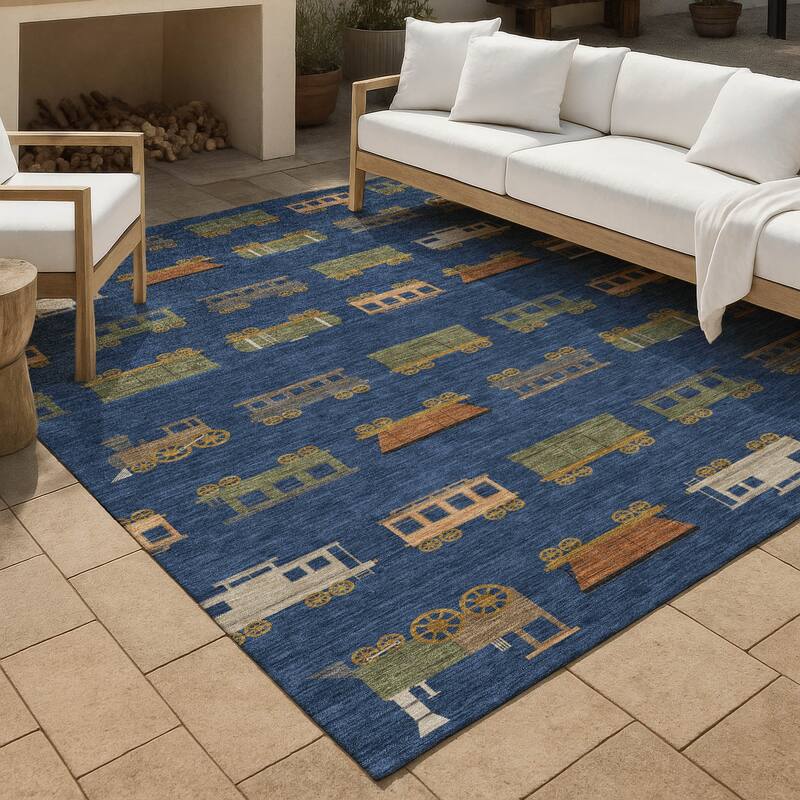Machine Washable Indoor/ Outdoor Modern Train Chantille Rug - Navy - 8' x 10'