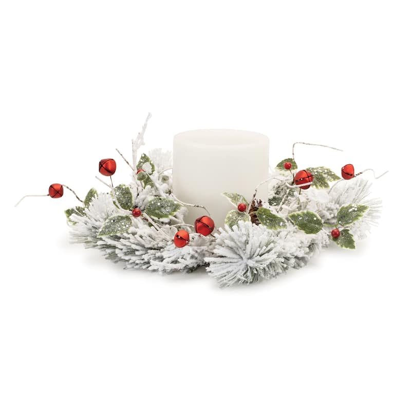 Flocked Pine Holly Sleigh Bell Candle Ring 18"D - White, Green, Red