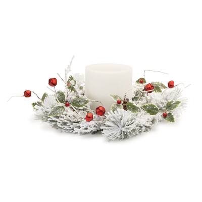 Flocked Pine Holly Sleigh Bell Candle Ring 18"D - White, Green, Red