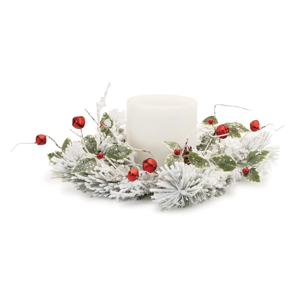 Flocked Pine Holly Sleigh Bell Candle Ring 18"D - White, Green, Red