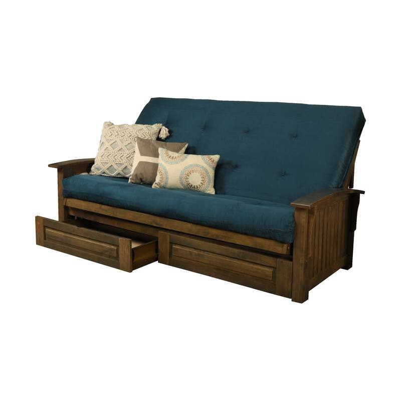 Somette Washington Queen-size Storage Futon Set in Rustic Walnut with Suede Mattress - Suede Blue