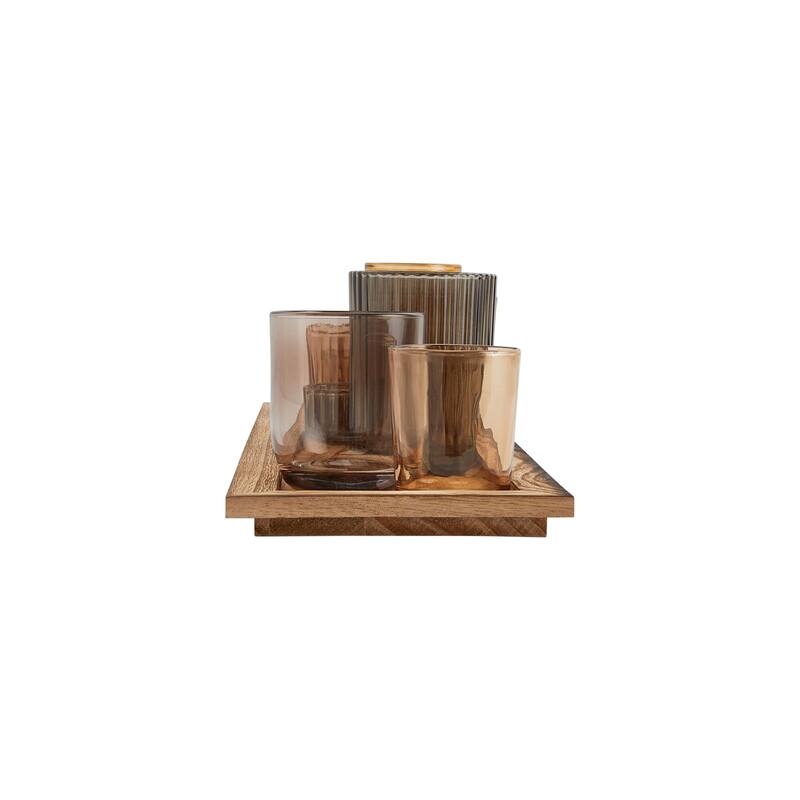 Wood Tray with 9 Blue & Green Glass Votive Holders
