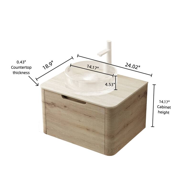 24" Bathroom Vanity with Sink, Floating Plywood Storage Cabinet with Drawer, Transparent Round Glass Basin