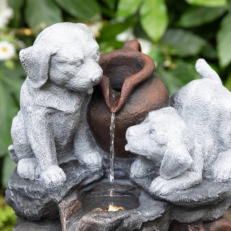 Glitzhome 4-Tiered Dogs or Elephant and Pot Polyresin Outdoor Fountain with Pump and LED Light