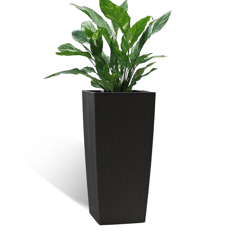 Self-Watering Rattan Enhanced Outdoor Planter with Dual-Basin Design - Black