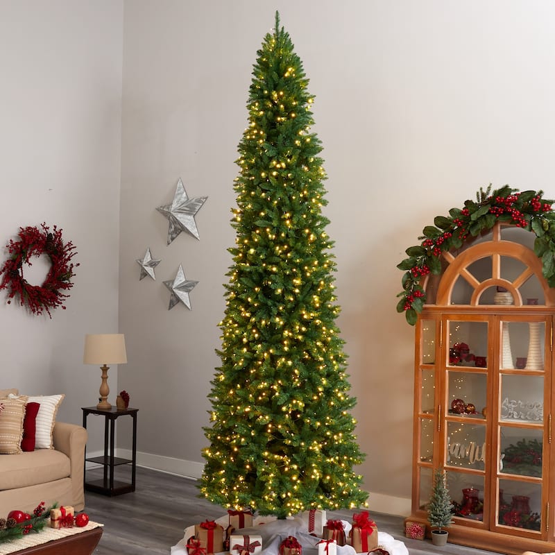 12ft. Slim Pine Artificial Christmas Tree with 1100 Clear LED Lights & 3235 Tips - Grand Seasonal Holiday X-Mas Display