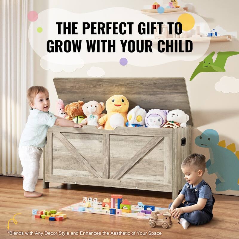Grey Wooden Kids Toy Storage Bench Box with Flip-Top Lid and Safety Hinge - 39.15” x 15.55” x 18.90”